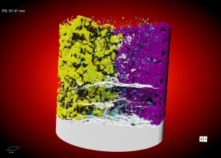 3D Scan (XRM) eines Bohrkerns mit farbkodierter Segmentierung der verschiedenen Mineralgruppen sowie des Porenraums (weiß)